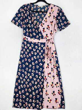 BCBGeneration Dress Womens Small Pink Blue Floral Wrap Belted Midi Casual
